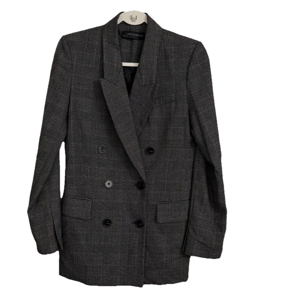 Zara Blazer Womens XS Gray Plaid‎ Double Breasted Jacket Bloggers Fave Oversized